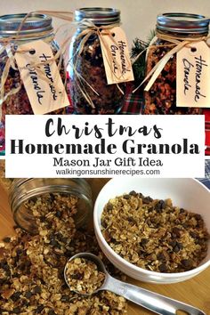 christmas homemade granola recipe in mason jars with spoons and tags on them for gifting