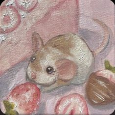 a painting of a hamster laying on a pink blanket next to some strawberries