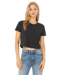 Ladies' Flowy Cropped T-Shirt - DARK GRY HEATHER - S | Bella + Canvas Women's Flowy Cropped T-Shirt in Dark Grey Heather Size Small | Polyester Blend Flowy Crop Top, Crop Top Tees, Crop Top Shirts, Long Crop Top, Cropped T Shirt, Sleeves (women), Crop Tshirt, High Waisted Denim, Crop Tee