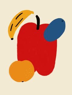 an apple, orange and banana are depicted in this colorful art work by artist andy warhol