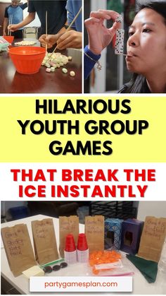 various pictures with text that reads, hilarious youth group games that break the ice instantity