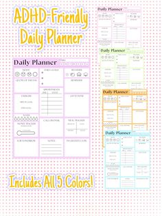 the printable daily planner for adults and children is shown in three different colors, including pink