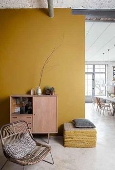 a living room filled with furniture and yellow walls