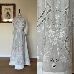 "Stunning hand embroidered late Edwardian dress. Dating to close to the 1910s. This must have take. Dozen of hours to embroidered. I believe this is a fine linen not cotton. Best for a petite framed person. Bust 34 Waist tight 25. Hip free. Length Neck 12.5\" I always recommend wearing corsets under these old dresses - corsets are not just for \"waist training\" but rather the corset will take the pressure of the body so the dress does not have to. This has been gently hand washed. Condition = T Edwardian Summer Dress, 1880s Dress, Edwardian Day Dress, Halloween Ball, 1910s Fashion, Cotton Lingerie, Edwardian Dress, Linen Summer, Old Dresses