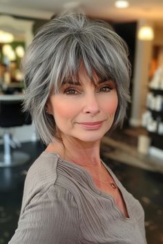 43 Short Shag With Bangs Hairstyles For Every Face Shape Short Bob And Bangs Hairstyles, Gray Bob With Bangs, Gray Hair With Bangs, Bangs 2024, Girl Hair Styles, Hair Styles Long Hair