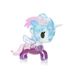 a little pony toy with pink and blue wings on it's head, standing in front of a white background