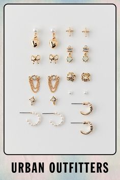 Pearl post & hoop earring set with ten pairs of unique earrings. Content + Care Includes 10 pairs Mixed metals Wipe clean Imported | Pearl Post & Hoop Earring Set in Gold, Women's at Urban Outfitters Trendy Urban Outfitters Jewelry As Gift, Urban Outfitters Jewelry Gift, Hoop Earring Set, Hoop Earring Sets, Mixed Metals, Unique Earrings, And Sign, Earring Set, Urban Outfitters