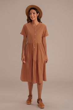 Salmon Short Sleeve Round Neck Button Cotton Midi Dress Button Midi Dress, Petite Midi Dress, Midi Dress For Women, Dress With Buttons, Diy Sewing Clothes, Cotton Midi Dress, Crewneck Dress, Midi Short Sleeve Dress, Fashion Gallery