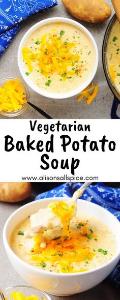 vegetarian baked potato soup in a white bowl