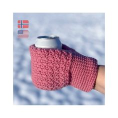 a pink knitted arm warmer with a can in the middle and an american flag on it