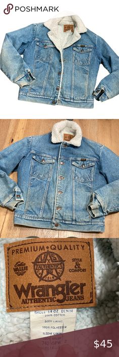 Wrangler vintage Sherpa lined denim jacket/unisex size  (men’s)  small Wrangler Sherpa Jacket, Wrangler Vintage, Sherpa Lined Denim Jacket, Lined Denim Jacket, Denim Trucker Jacket