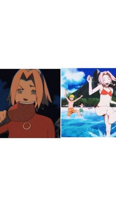 two pictures of anime characters in different poses