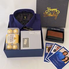 a man's birthday gift box with personal items