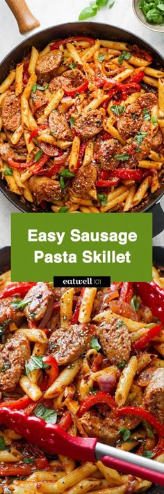 an easy sausage pasta skillet in a pan with red peppers