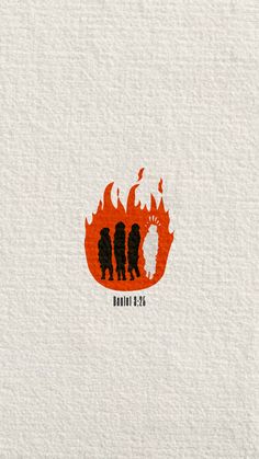 the silhouettes of three people standing in front of a fire on a white background