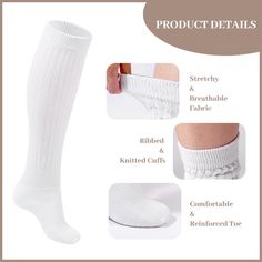 3 Pairs Cotton Knee High Slouch Socks - White | MoonWood Soft Knee-high Socks For Stocking Stuffers, White Knee-high Comfortable Leg Warmers, Comfortable White Knee-high Leg Warmers, Comfortable Fitted Knee-high Hosiery, Soft White Knee-high Socks, Casual Comfortable Knee-high Socks, Comfortable Cotton Knee-high Socks, Comfortable Stretch Knee-high Socks, Breathable Stretch Mid-calf Socks