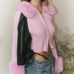 The Updated Version Of The Waterloo Peggy Cardigan From House Of Sunny Is Made With A Pink Ribbed Knit, And Is Adorned With A Detachable Faux-Fur Collar And Cuffs For A Touch Of Luxe. It Features A Slim Fit, Long Sleeves, A Round Neck, A Double Sided Zip Closure, A Cropped Cut, And A Metal Brand Plaque On The Bottom Left. Condition: Very Good; Light Snagging. Size: 4 Approximate Measurements: Shoulder: 16" (40.5 Cm) Chest: 15.5" (39 Cm) Length From Back: 16" (40.5 Cm) Sleeve Length (Without Fur, Pink Fur Cardigan, Media Outfit, Pink Edit, Coquette Winter, Pink Era, Coquette Clothing, Faux Fur Cardigan, Fur Top, Fur Cardigan