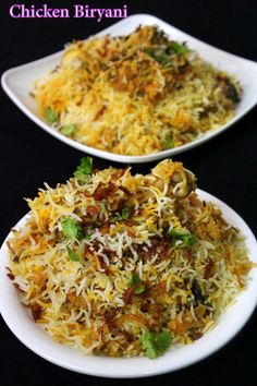 two white plates filled with food on top of a table