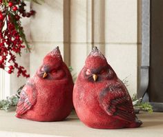 two red birds sitting next to each other