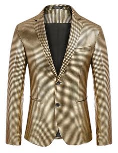 PRICES MAY VARY. Sparkle blazer ---- This men's casual blazer is made of high-quality materials, superb craftsmanship and gorgeous appearance which show your taste and personality. Stylish design ---- The bright colors, glowing fabric make up the rock 70s style suit jacket. This shiny blazer made by regular fit, peak lapels, two-button closure, two real pockets and one inside pocket. Easy Matching ---- This metallic jacket can be paired with a formal shirt, bow tie and dress pants for daily acti Gold Blazer With Lapel Collar, Gold Suit Collar Outerwear For Formal Occasions, Gold Notch Lapel Outerwear For Party, Gold Tailored Outerwear With Suit Collar, Gold Tailored Suit-collar Outerwear, Tailored Gold Blazer For Spring, Gold Single Breasted Blazer For Party, Gold Single-breasted Winter Outerwear, Gold Single-breasted Blazer For Party