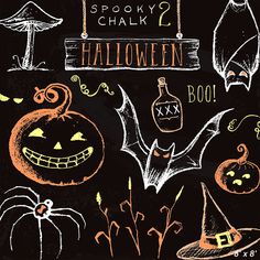 a chalkboard halloween scene with pumpkins and bats