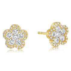 18K yellow gold diamond flower earrings from the Reis-Nichols Collection. The earrings feature 62 round brilliant cut diamonds weighing .84 ctw. Diamond Flower Yellow Gold Earrings, Yellow Gold Flower Diamond Earrings With Brilliant Cut, Yellow Gold Flower Earrings With Brilliant Cut, Flower Shaped Diamond Earrings In Yellow Gold, Luxury Yellow Gold Flower Shaped Cluster Earrings, Yellow Gold Diamond Flower Cluster Earrings, Yellow Gold Diamond Cluster Earrings In Flower Shape, Gold Diamond Flower Cluster Earrings, Flower Shaped Yellow Gold Cubic Zirconia Diamond Earrings