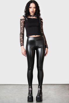 Haunted Vampiress Leggings | Killstar Leather Leggings Fashion, Pleather Leggings, 2010 Fashion, Gothic Models, Shiny Pants, Black Milk Clothing, Shiny Leggings, Metal Girl, Leather Trousers