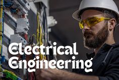 a man in safety glasses and hardhat working on an electrical equipment cabinet with the words electrical engineering above him