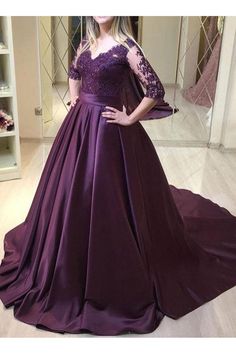 Purple Satin 1/2 Sleeves Lace Top Long Formal Dress, Purple Evening Dr – BeautyDressy Purple A-line Evening Dress For Banquet, Purple Short Sleeve Wedding Dress, Purple A-line Banquet Dress, Purple A-line Dress For Banquet, Evening Gown With Sweep Train And Short Sleeves, Short Sleeve Evening Gown With Sweep Train, Short Sleeve Dresses With Sweep Train For Prom, Purple Short Sleeve Maxi Dress For Wedding, Satin Short Sleeve Banquet Dresses