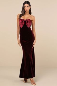 The Prettiest Holiday Dresses For Every Occasion - Life with Mar Pretty Holiday Dresses, Luxe Dress, Dress With A Bow, Burgundy Velvet Dress, Casual Formal Dresses, Classy Outfits For Women, Chic Maxi Dresses, Burgundy Velvet, Adhesive Bra