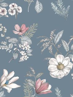 a blue floral wallpaper with white and pink flowers