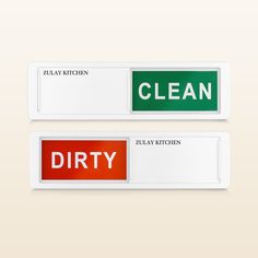 two labels with the words dirty and clean on them