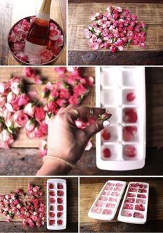 the process of making pink flowers out of ice cubes is shown in this collage