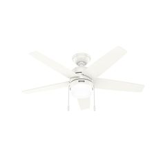 a white ceiling fan with three blades on the top and one light on the bottom