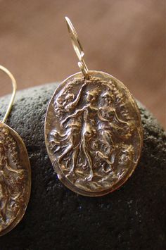 Three Graces Earrings by VisaVisJewelryLA on Etsy Antique Earrings With Historical Design, Antique Brass Oval Earrings, Antique Oval Brass Earrings, Victorian Earrings With Antique Finish, Victorian Oval Brass Earrings, Victorian Gold Earrings With Antique Finish, Antique Oval Handmade Earrings, Handmade Oval Antique Earrings, Victorian Bronze Earrings As A Gift