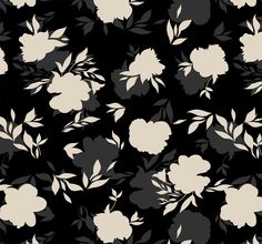 a black and white floral pattern with many flowers on it's sides, all in shades of gray