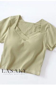 Lasaky - Stylish Womens Ribbed V-Neck Short-Sleeve Tee: Enhanced with Built-in High-Waist Cami for Elegant Layering Cheap Beige Forever 21 Tops, Cheap Casual Mango Tops, Khaki V-neck Top For Spring, Khaki V-neck Top For Summer, Green Ribbed V-neck Crop Top, Ribbed V-neck T-shirt For Summer, Khaki Cotton V-neck Top, Stretch V-neck Solid Color Crop Top, Stretch V-neck Crop Top Solid Color