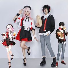 White Harajuku School Costume, Red Harajuku Cosplay Costume For Themed Events, White Anime Costume For School, Black Harajuku Cosplay Set, Black Harajuku Style Cosplay Set, White Anime Style School Costume, Black Kawaii Anime Print Cosplay Costume, White Anime School Costume, White Harajuku Sets For Cosplay Events