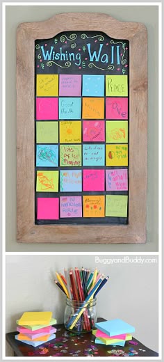 two pictures with different colored sticky notes on them and a wooden framed sign that says wishing wall