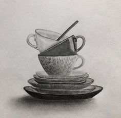 pencil drawing of stacked cups and saucers