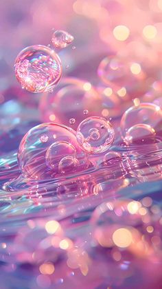 some bubbles floating in the water on a blue and pink background with white circles around them