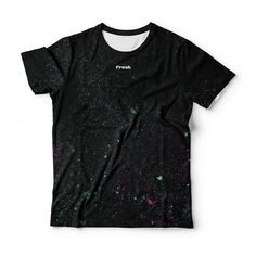 Black Cotton T-shirt With Paint Splatter, Casual Paint Splatter T-shirt For Streetwear, Casual T-shirt With Paint Splatter For Streetwear, Graphic Tee With Paint Splatter For Streetwear, Graphic Tee With Paint Splatter And Short Sleeves, Streetwear Paint Splatter Graphic Tee, Graphic Tee With Paint Splatter, Black Crew Neck T-shirt With Paint Splatter, Black Graphic Tee With Paint Splatter