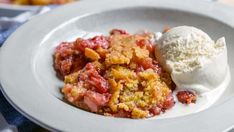 a close up of a plate of food with fruit and ice cream on the side