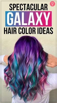 Galaxy Hair Dye Ideas, Galaxy Hair Tutorial, Galaxy Hair Color Straight, Hair Color Ideas Fashion Colors, Cool Tone Hair Colors Ideas, Fun Vibrant Hair Colors, Dark Unicorn Hair, Color Chunks In Hair, Cool Tone Vivid Hair Color