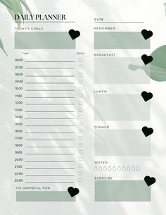 a daily planner with hearts and leaves on the side, in green tones for each month