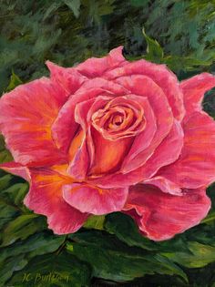 a painting of a pink rose with green leaves