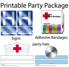 an image of medical party package signs and other items to be printed out on the table