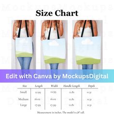 "This editable Canva template serves as a size chart, key features, and care instructions  for the all-over-print (AOP) tote bag, providing customization options for your convenience. Measurement in inches. The model is 5'8\" tall. You can customize this template in a few simple steps with Canva free or Pro to match your brand.  This digital download includes: ✔ Real Bag images from Printify's AOP tote bag are used ✔  1 PDF with a link to a Canva Template size chart, key features, and care instructions  ✔Image Size 5000 by 5000 px (square size) ✔This is not an AI product Legal Terms of Use ✔You can use these files for your personal or business use (as a mockup, infographic, or to showcase your products). ✔This purchase grants you 1 (one) license. You MUST not forward or share these files. Tote Bag Size Chart, Bag Size Chart, Legal Terms, Tote Bag Mockup, Tote Bag Size, Photo Bag, Chart Template, Medical Design, Bag Mockup