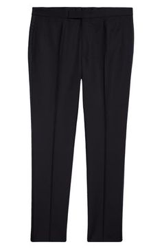 Elevate your formal or evening look with these tuxedo pants impeccably tailored from a refined wool-and-mohair blend and finished with satin side stripes. Zip fly with hook-and-bar tab closure Side-seam pockets; back welt pockets Cupro lining 84% wool, 16% mohair Dry clean Made in Turkey Designer Clothing Classic Black Wool Pants, Classic Tailored Black Dress Pants, Black Wool Straight Dress Pants, Luxury Black Wool Bottoms, Wool Suits With Straight Pants For Formal Occasions, Black Wool Pants For Semi-formal Occasions, Black Wool Bottoms For Evening, Semi-formal Black Wool Pants, Elegant Suiting Fabric Dress Pants With Flat Front