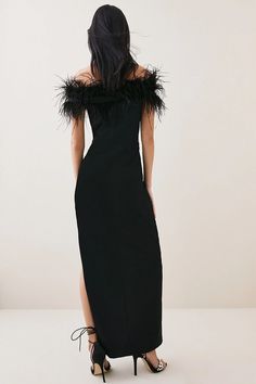 Feather Off The Shoulder Stretch Crepe Maxi Dress | Karen Millen Elegant Evening Maxi Dress With Feathers, Evening Maxi Dress With Feather Trim, Chic Evening Maxi Dress With Feather Trim, Floor-length Feathered Party Dresses, Formal Fitted Maxi Dress With Feather Trim, Fitted Maxi Dress With Feather Trim, Party Maxi Dress With Feather Trim, Fitted Maxi Dress With Feather Trim For Party, Fitted Feather Trim Maxi Dress For Party